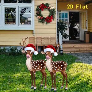 2D Festive Holiday Christmas Baby Deer in Santa Hats Garden Outdoor Stake